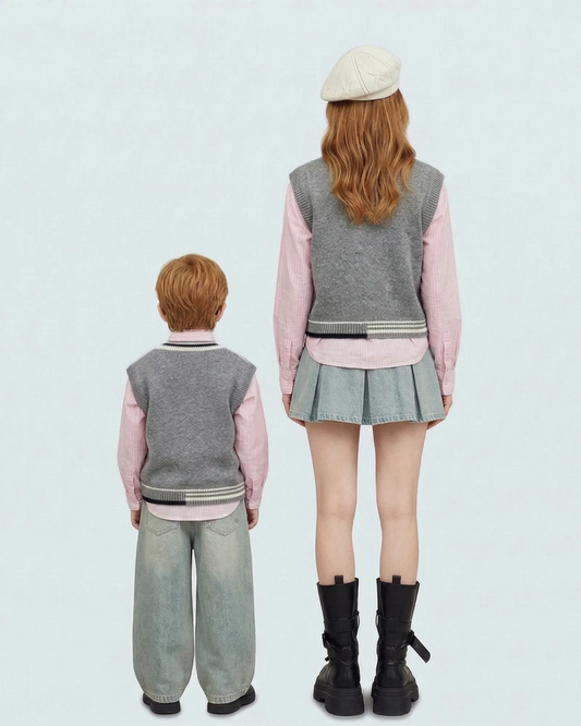 Back view of matching family grey cotton vests showing high-quality knit texture Melbourne brand.