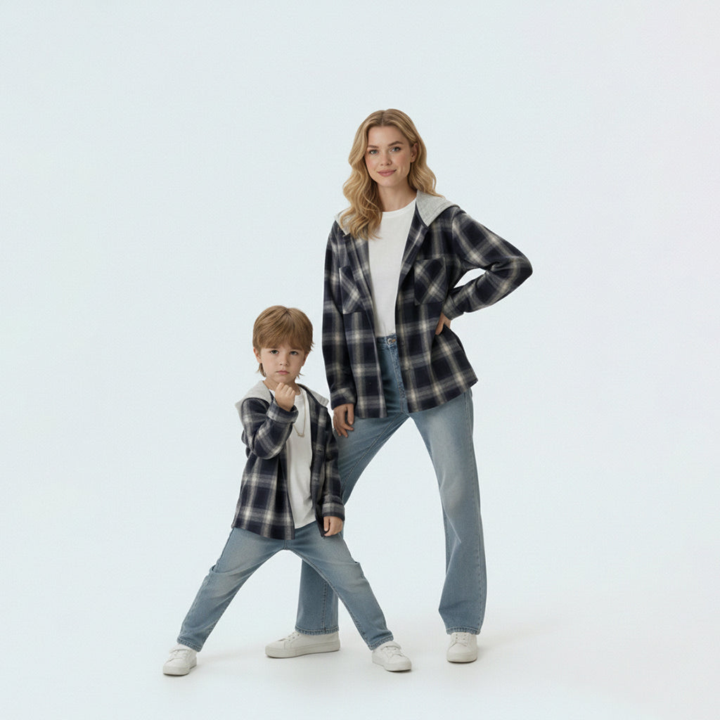 Mother and child in matching family outfits, showcasing the stylish mini-me plaid hooded shirt jacket look.