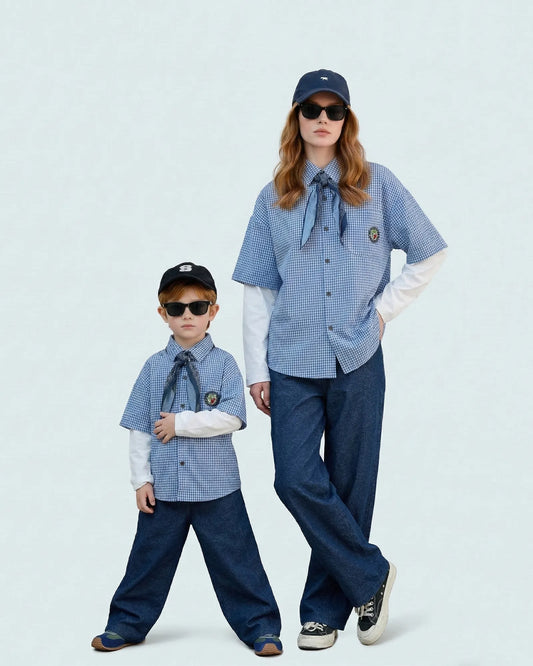 Mommy and me outfits Cool Family Outfit ALIGN 26 preppy layered blue gingham shirt Melbourne brand front view.