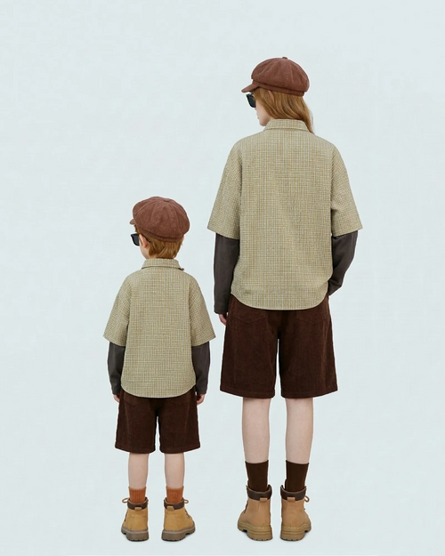 Back view of mommy and me yellow gingham layered shirts showing high-quality cotton fabric Melbourne brand.