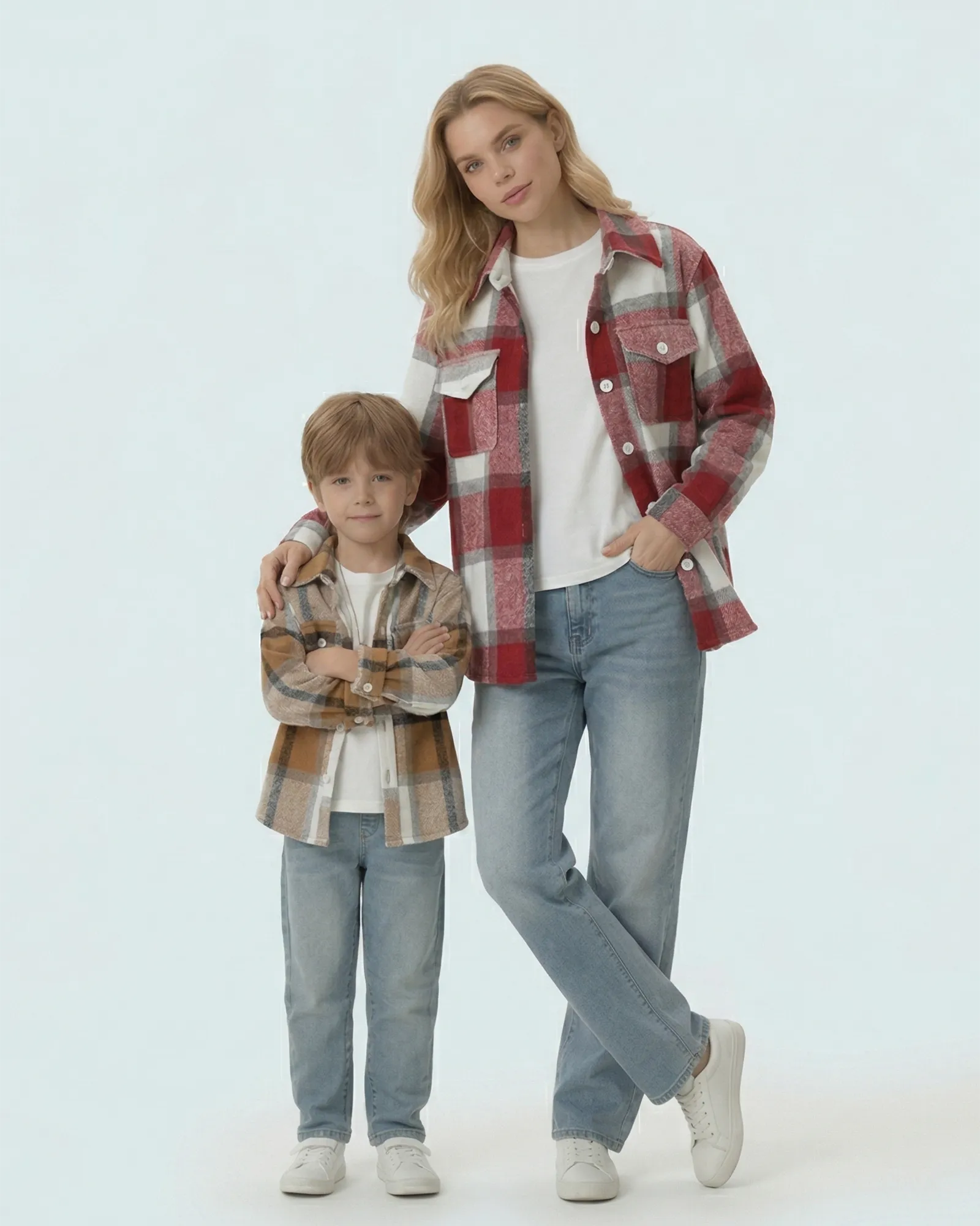 Mother and son wearing matching family outfits: red and coffee brushed cotton flannel shirts in Melbourne style.