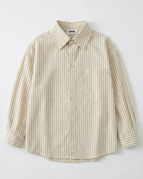 Front view flat lay of Apricot pinstripe 100 percent cotton shirt for family coordination Melbourne brand.