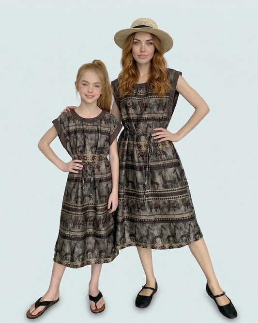 Mother and daughter in matching family outfits: exotic Thai style beach dresses with vintage tribal animal patterns.