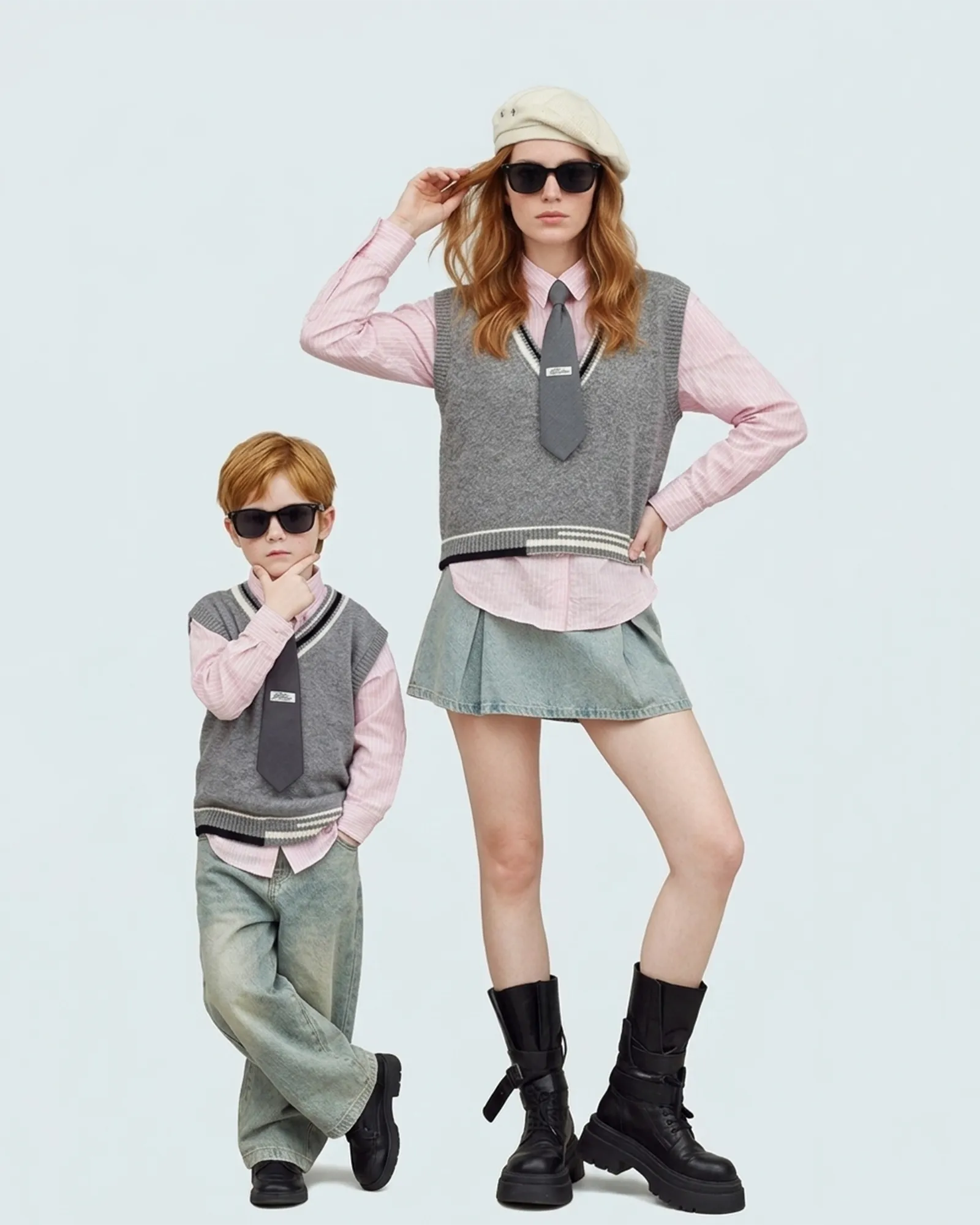 Mother and son posing in preppy grey V-neck knitted vests solving the style gap Melbourne brand.