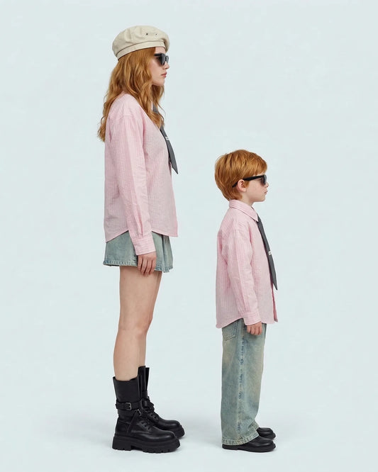 Mother and son posing in pink Japanese striped shirts with ties solving the mother-son style gap Melbourne brand.