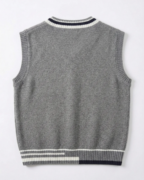 Reverse flat lay of grey knitted vest showing durable V-neck construction and clean seams.